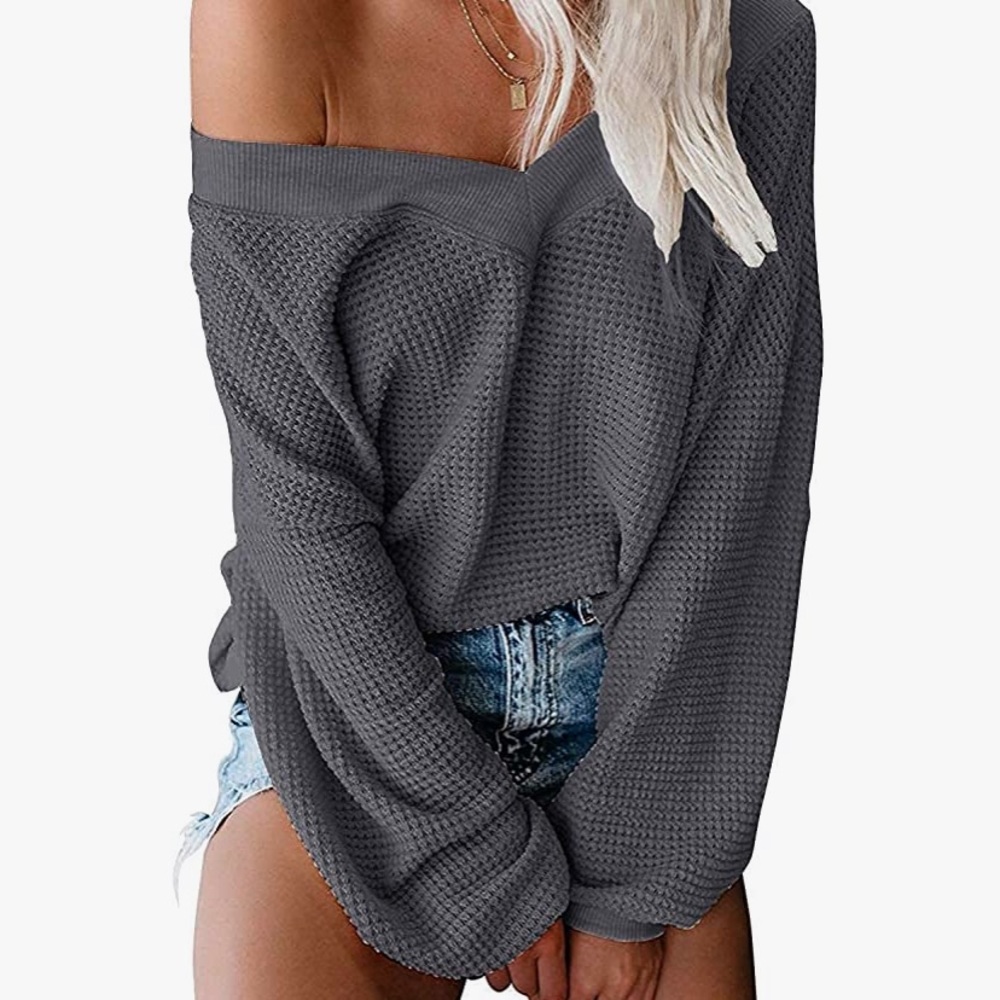 Grey Off the shoulder waffle knit top